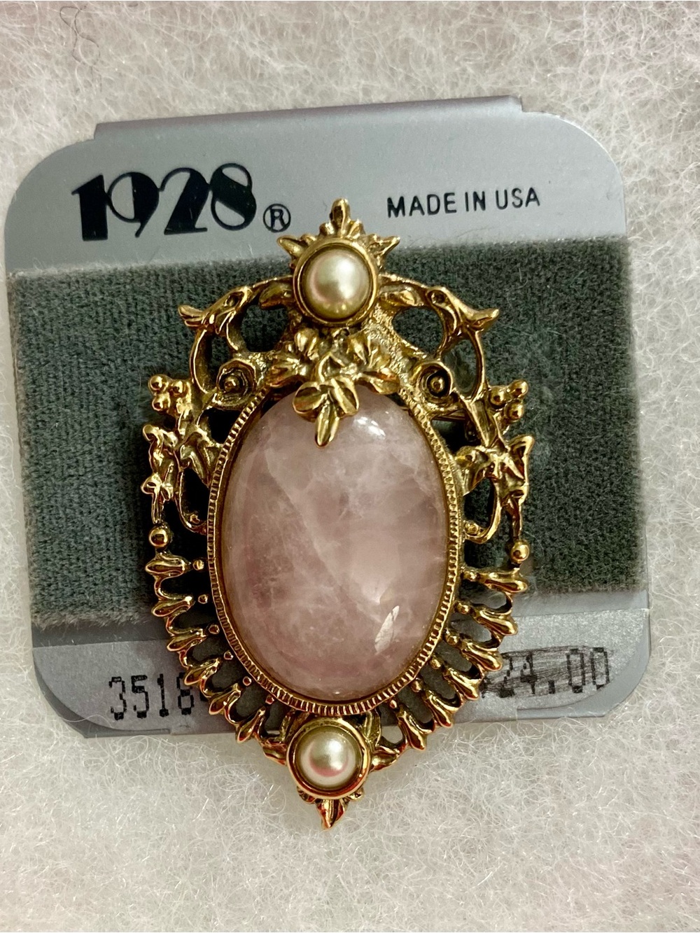 Dead Stock 1928 Gold-Tone Brooch with Pink Rose Quartz and Pearl Accents